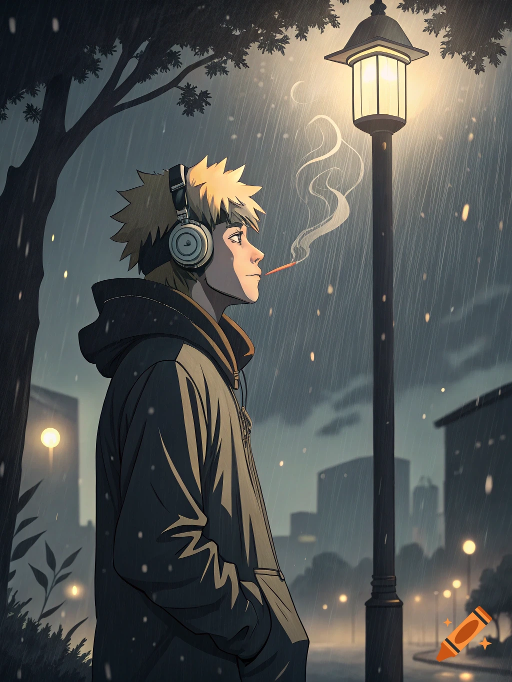 Anime character smoking in the rain at night wearing headphones.