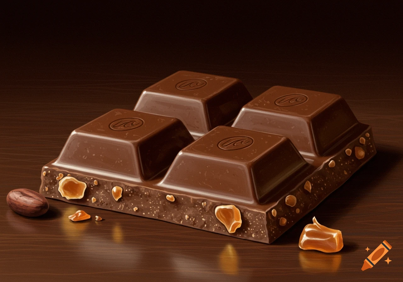 Close-up of a chocolate bar with nuts and caramel on a wooden surface