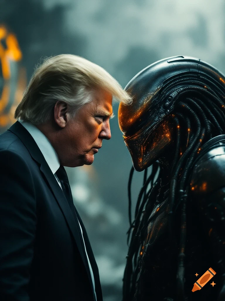 Donald Trump faces a Predator alien in a dramatic scene