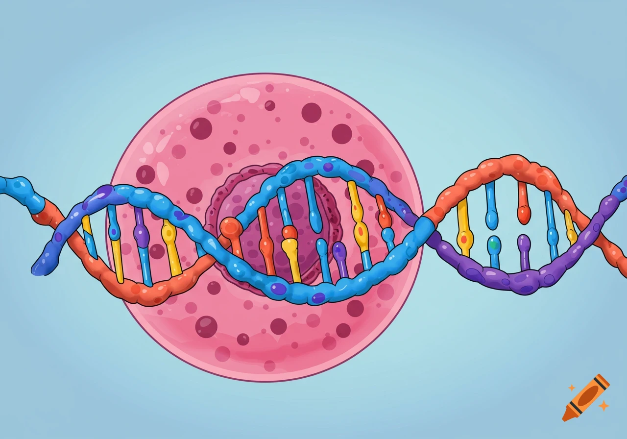 Cartoon illustration of a colorful DNA double helix over a pink cell with a nucleus.