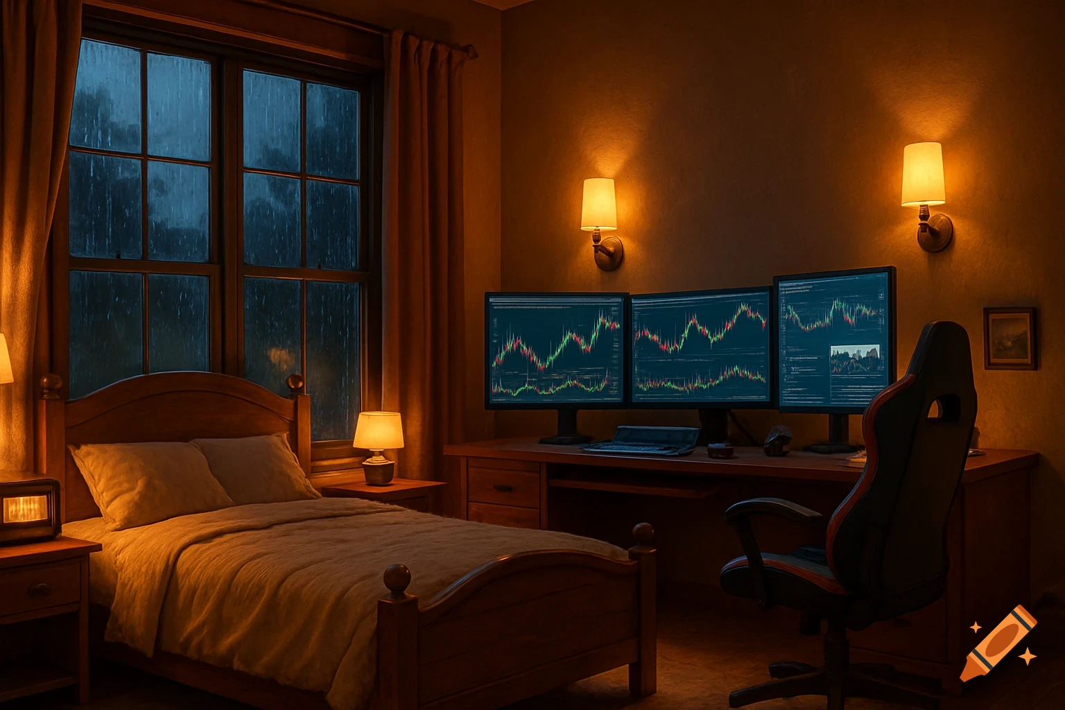 Cozy bedroom trading workspace with monitors displaying charts, next to a window on a rainy evening.