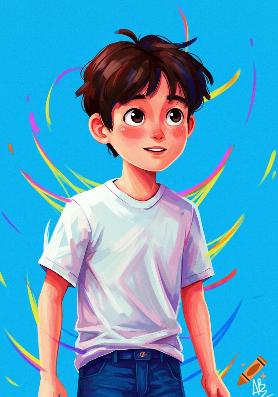 Illustration of a boy in a white t-shirt against a blue background with colorful streaks.