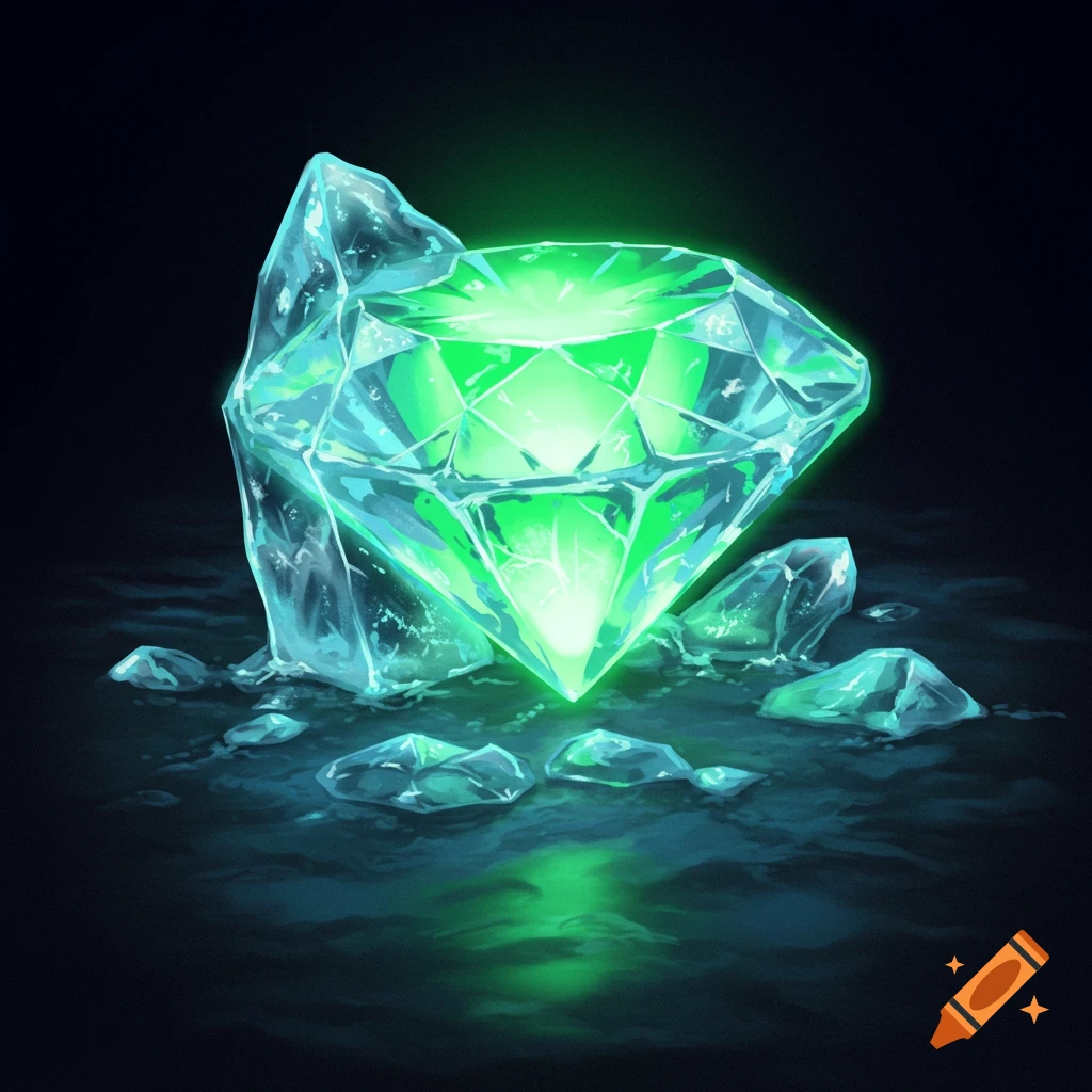 A large glowing green gem surrounded by ice shards on a dark, reflective surface.