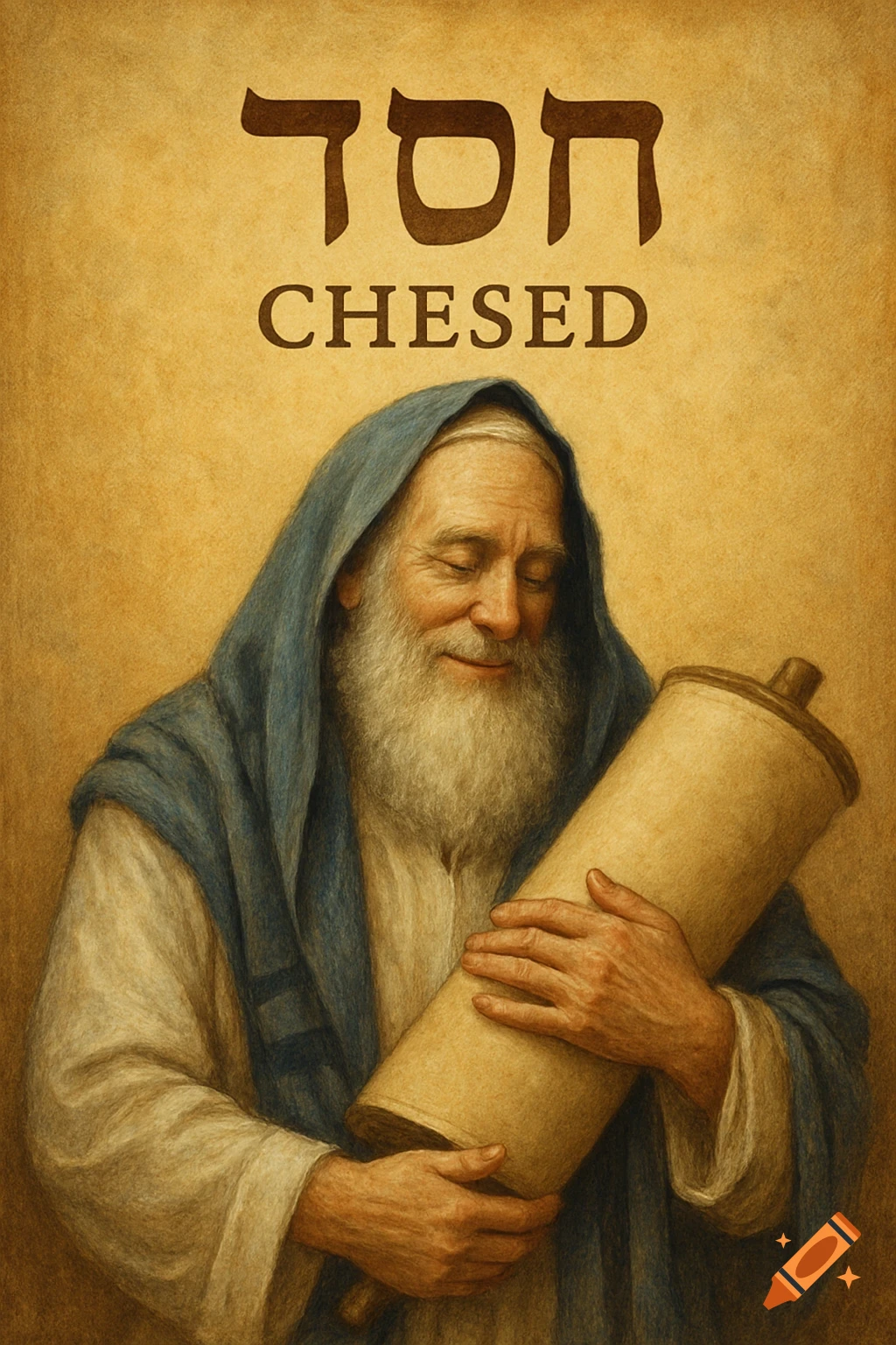 An old man in a blue robe holding a scroll, with Hebrew and English text above him, in a painting style.
