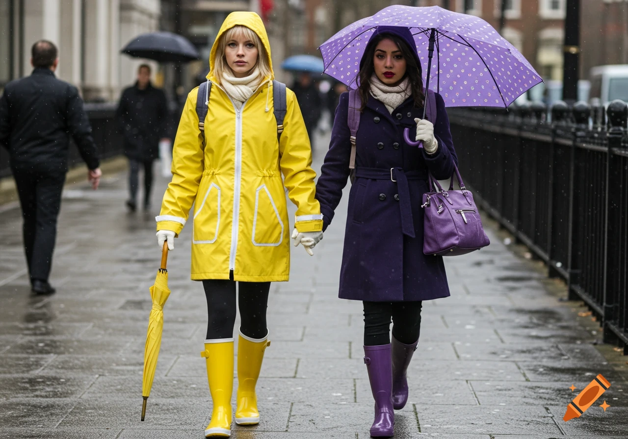 Two women in colorful raincoats and boots walk down a city street in the rain, holding umbrellas.