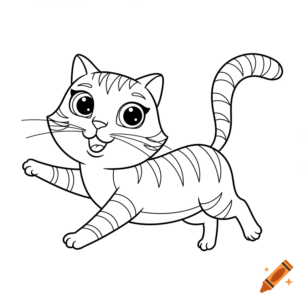 Black and white line art drawing of a cartoon cat running, for a coloring book