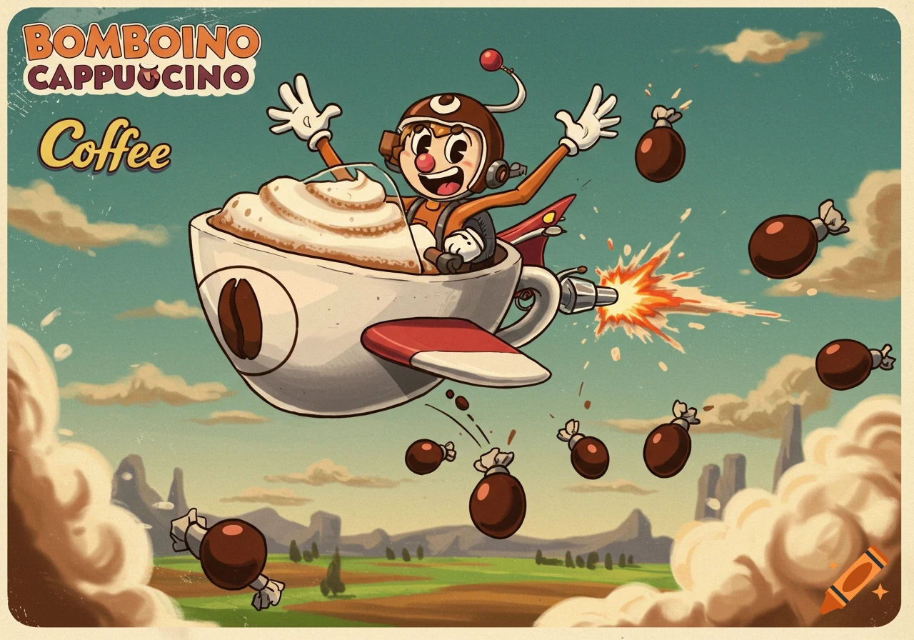 Cartoon character flies coffee cup plane, dropping coffee bean candies in a retro style.