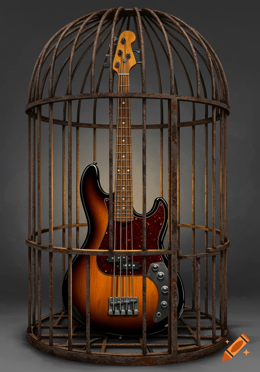 A realistic bass guitar is inside a rusty bird cage.
