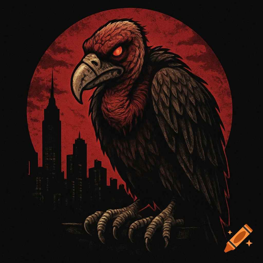 Stylized illustration of a menacing vulture perched with a city skyline and red sun behind it.