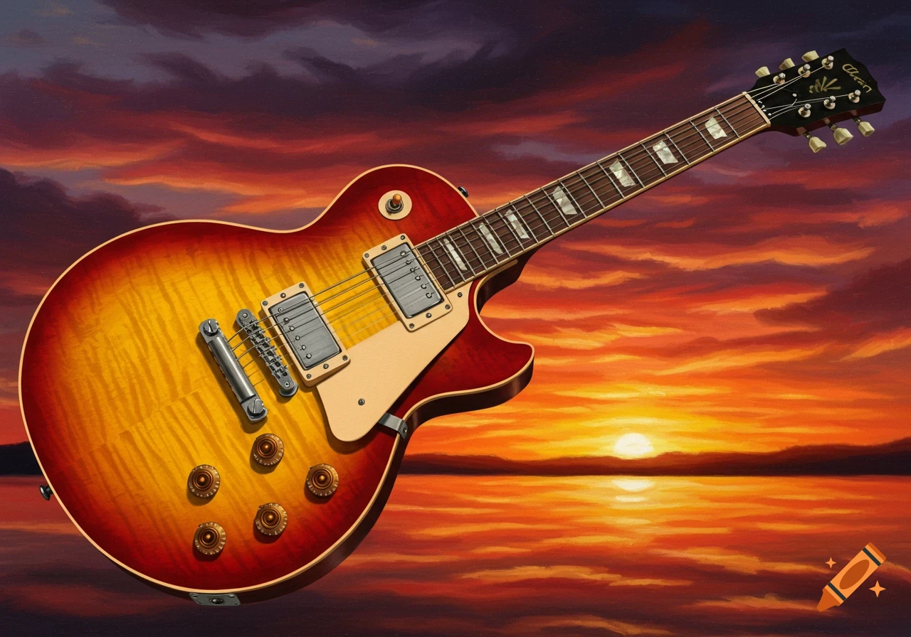 A vibrant red and yellow Les Paul electric guitar is centered against a painterly sunset background over water.