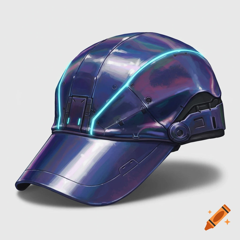 A shiny, futuristic blue baseball cap with glowing blue lines and mechanical details.