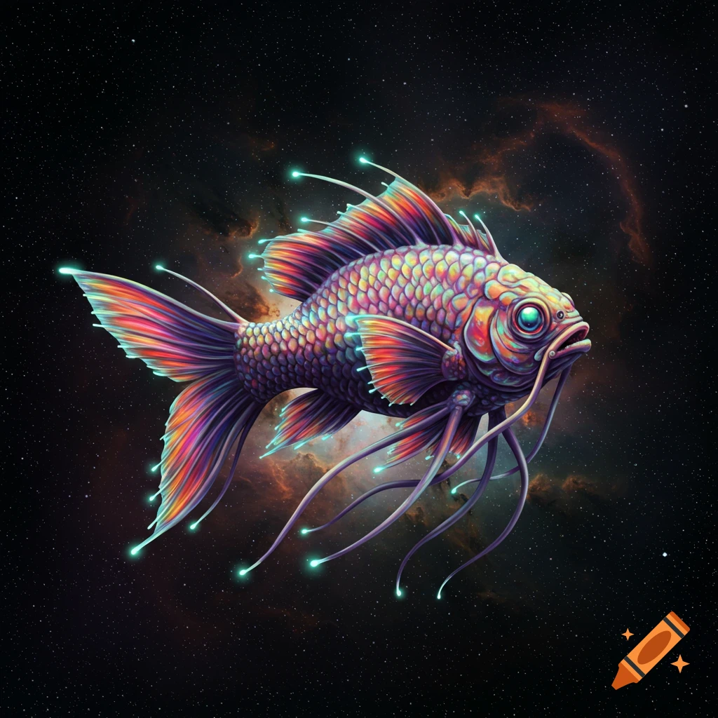 A vibrant, alien-looking fish with tendrils and glowing fins floats in deep space among stars and a nebula.