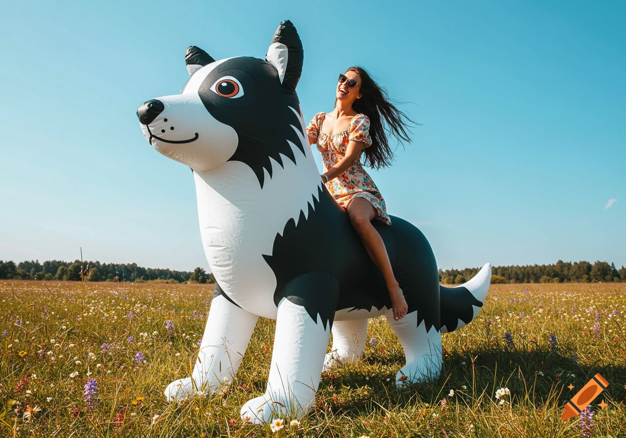 A woman smiles brightly while riding a giant inflatable border collie in a field of flowers under a clear blue sky.