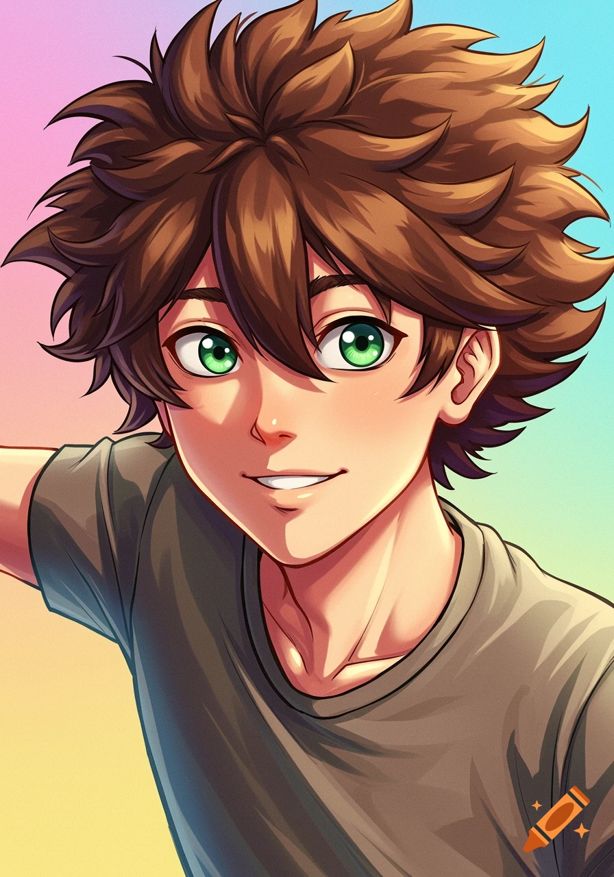 Anime portrait of a young man with brown hair and green eyes smiling on ...