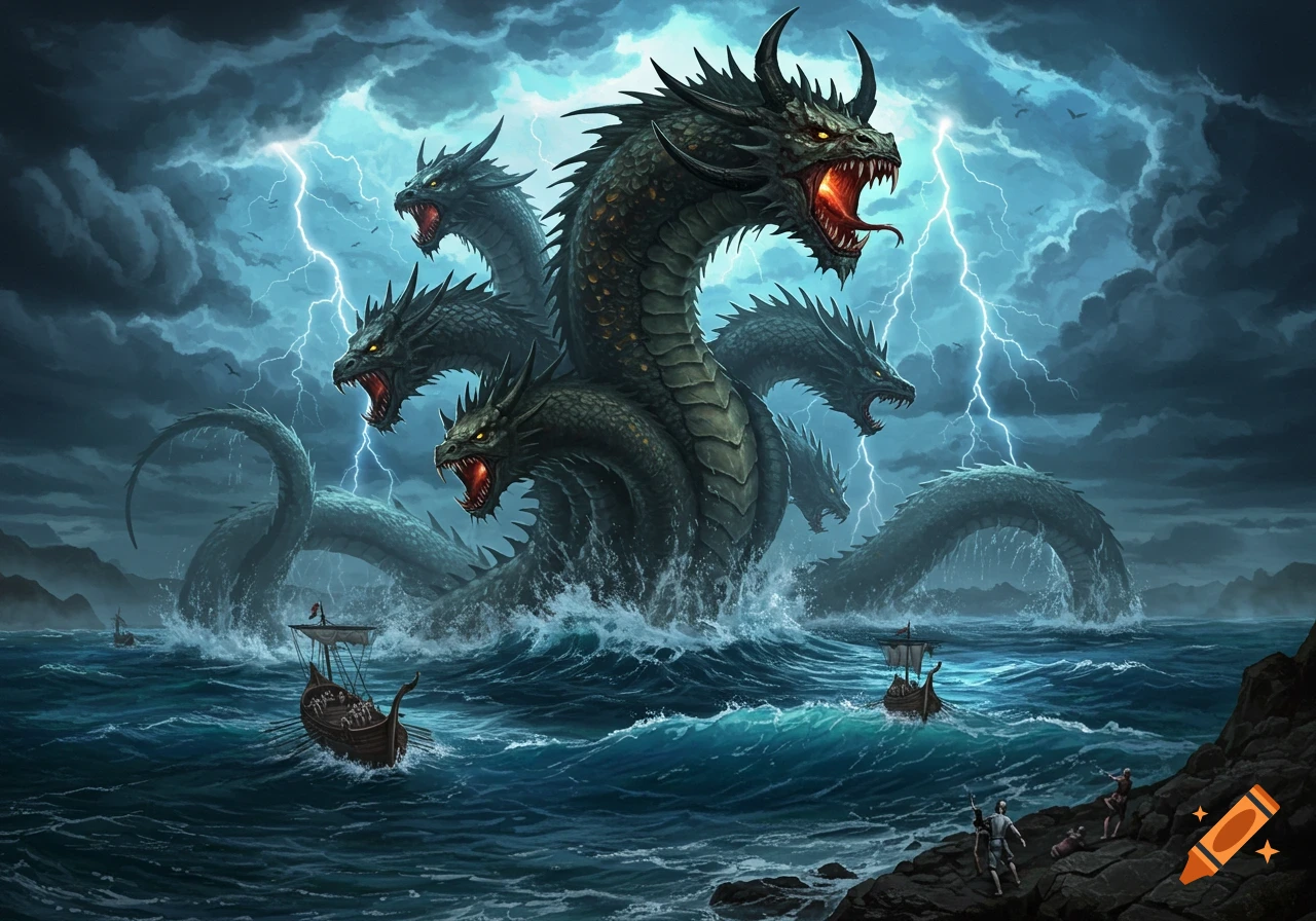 A multi-headed sea monster emerges from a stormy ocean with lightning, threatening ships and people on the shore.