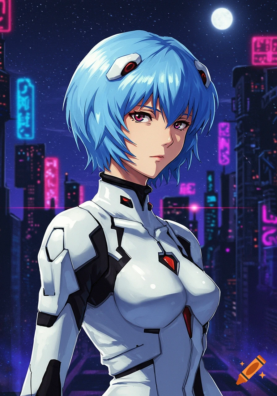 Anime illustration of Rei Ayanami in her white plug suit against a dark, neon-lit cyberpunk city skyline at night with a moon.