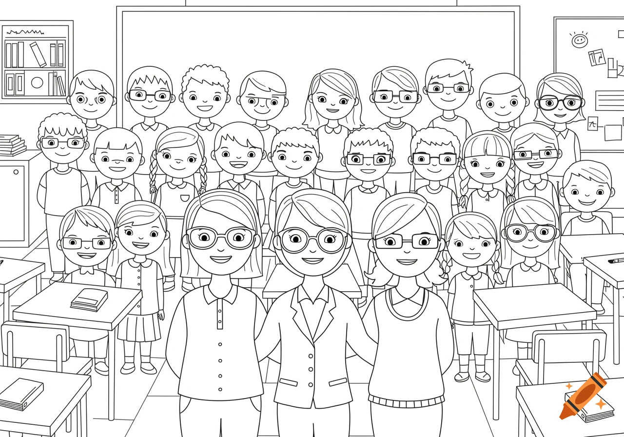 Black and white line art coloring page of teachers and students in a classroom.
