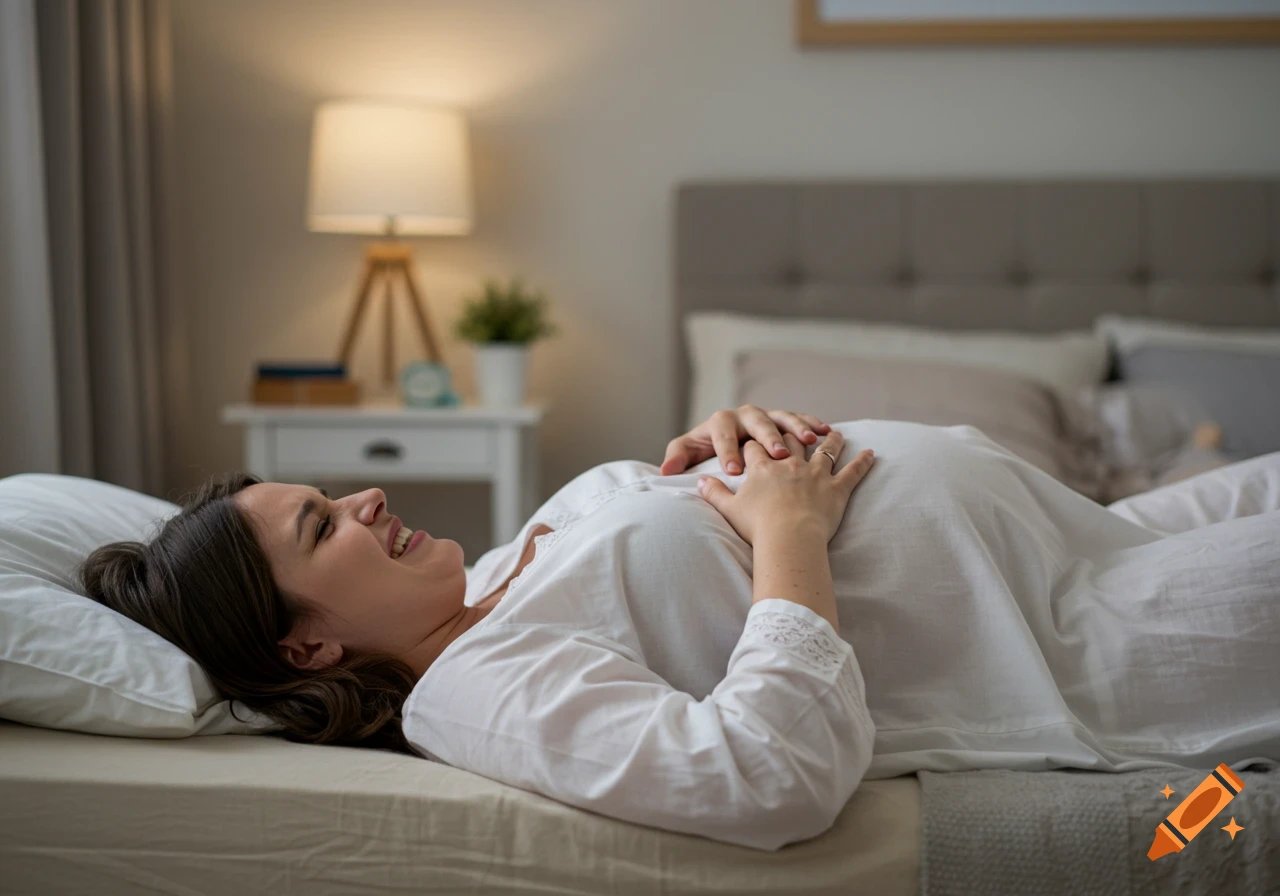 A pregnant woman lies in bed, holding her belly and appearing to be in pain.