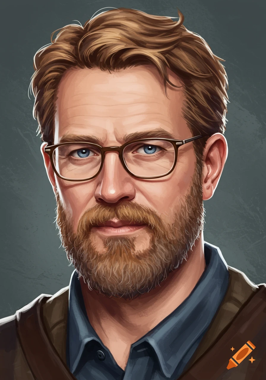 Illustration of a man with glasses, brown hair, beard, and blue eyes.