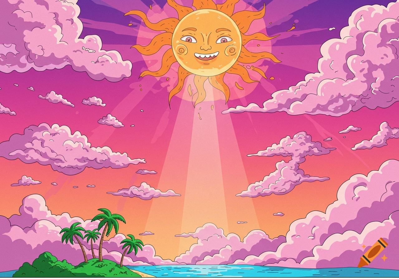 A colorful cartoon landscape with a smiling sun, pink clouds, and a tropical island.