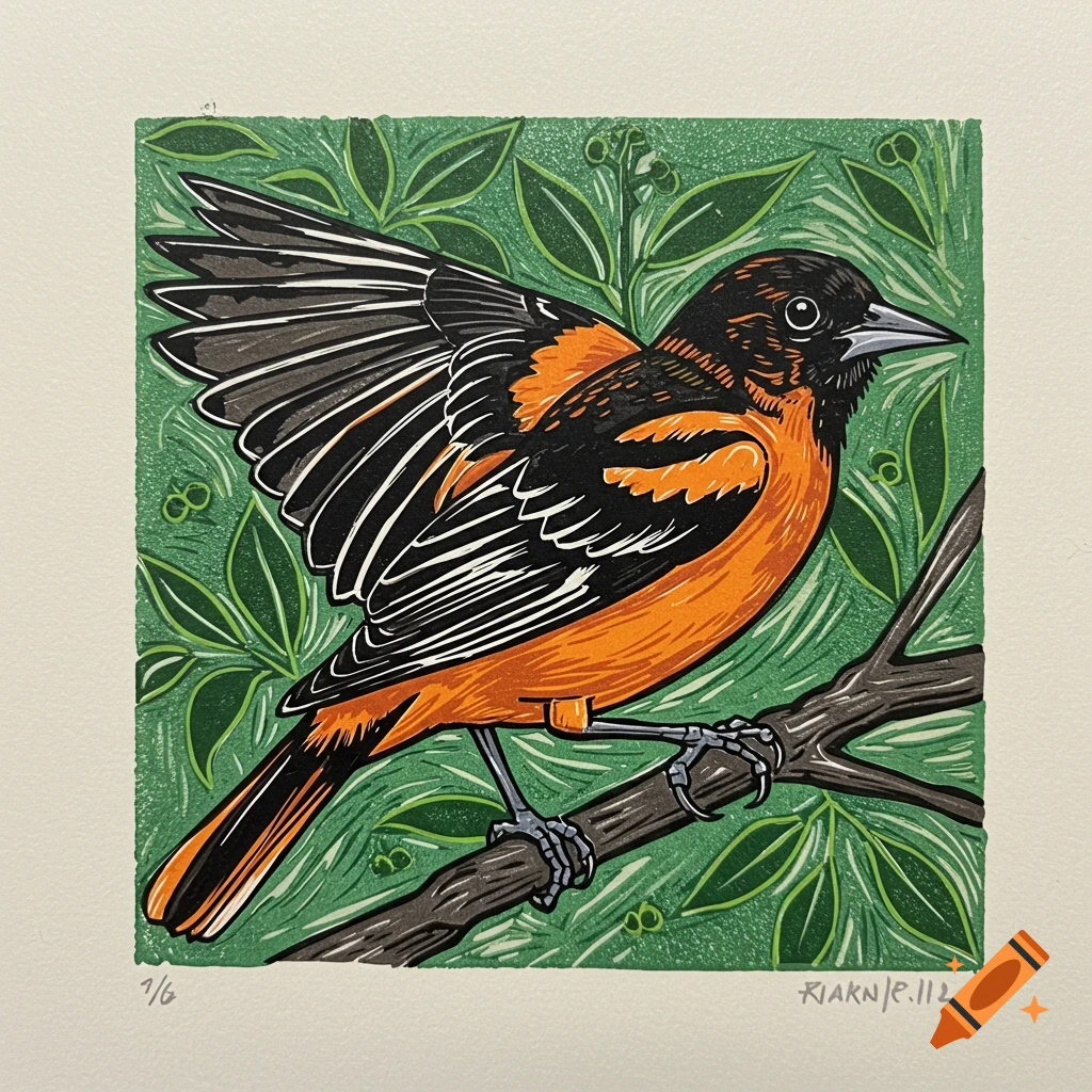 Linocut print of an oriole bird on a branch