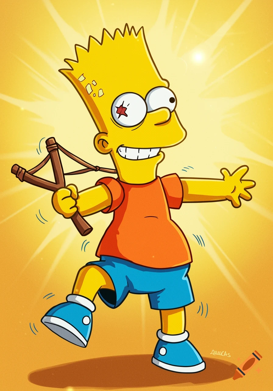 Cartoon of Bart Simpson holding a slingshot and looking mischievous against a bright yellow background.