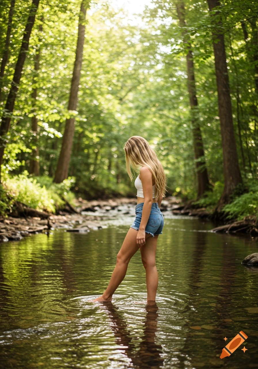 Young woman standing barefoot in a forest creek