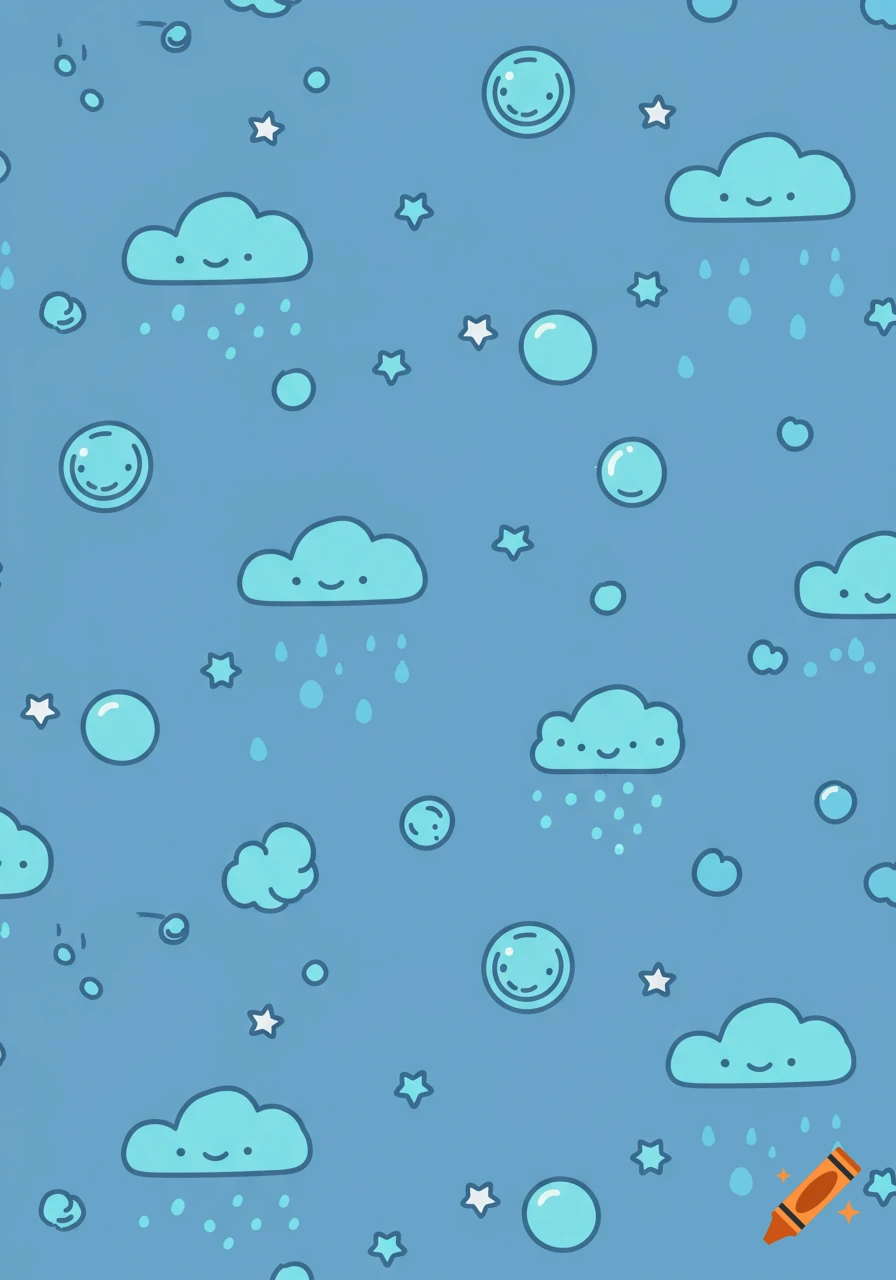 Cartoon pattern of smiling clouds raining, stars, and circles on a blue background.