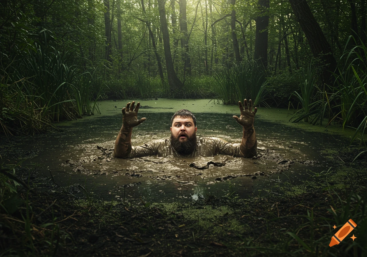 A man sinks into a muddy swamp in a forest with his arms raised in distress.