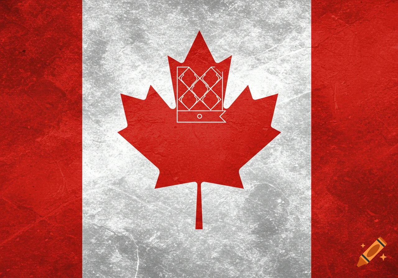 Textured Canadian flag with red maple leaf featuring a white geometric symbol