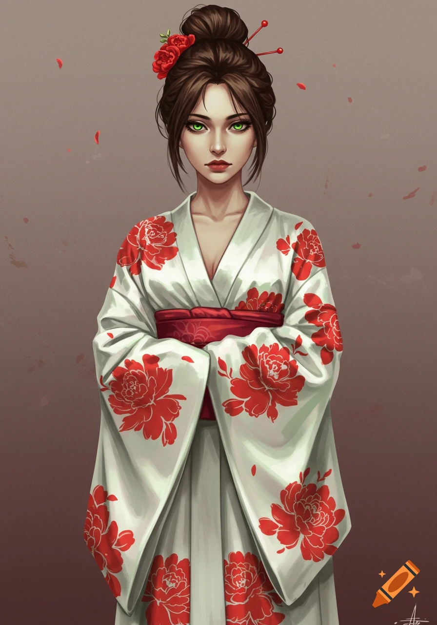 Portrait of a woman in a white kimono with red flowers and green eyes.