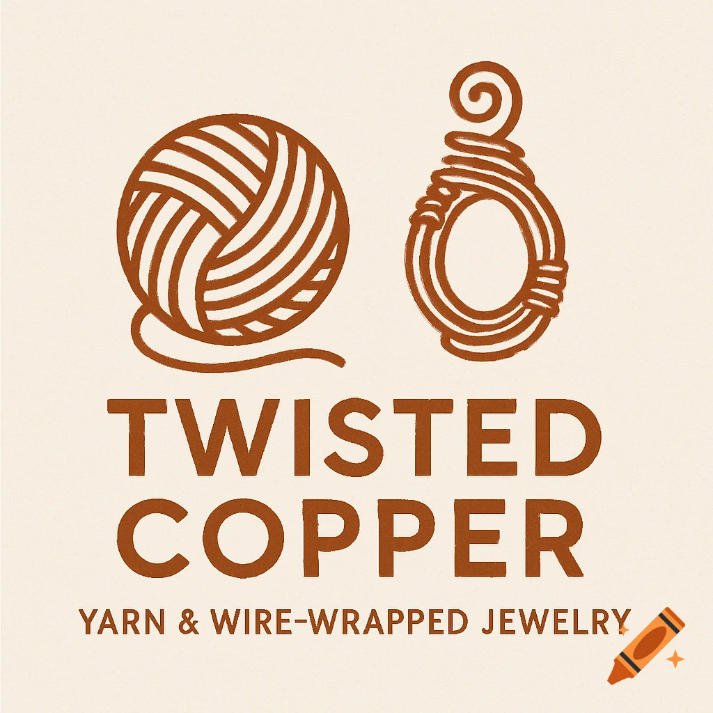 Logo for Twisted Copper featuring a ball of yarn and a wire-wrapped object above text.