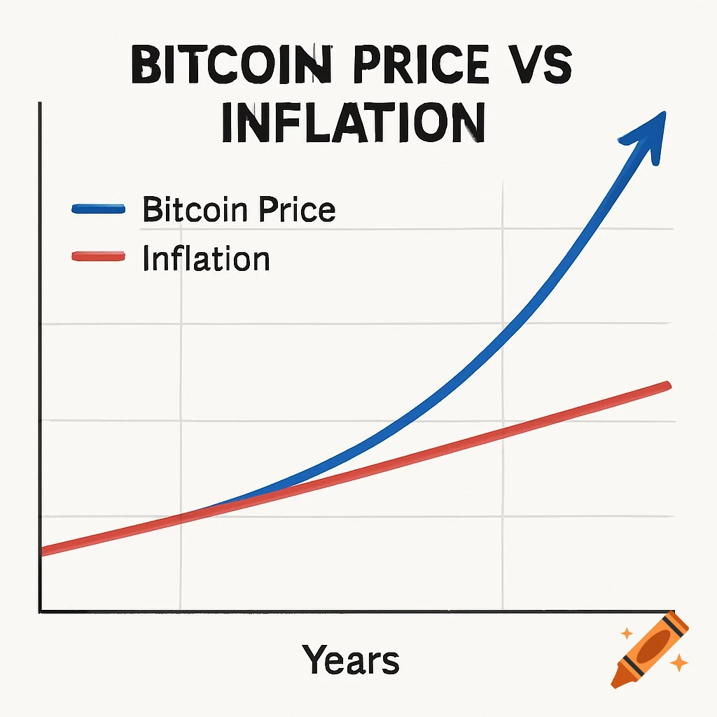 Line graph comparing Bitcoin price rising steeply against inflation over years.