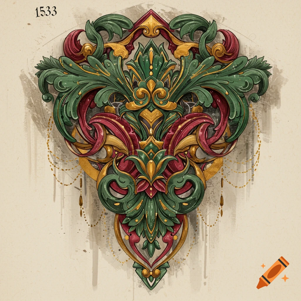 An ornate red, green, and gold decorative design in an illustrative style.