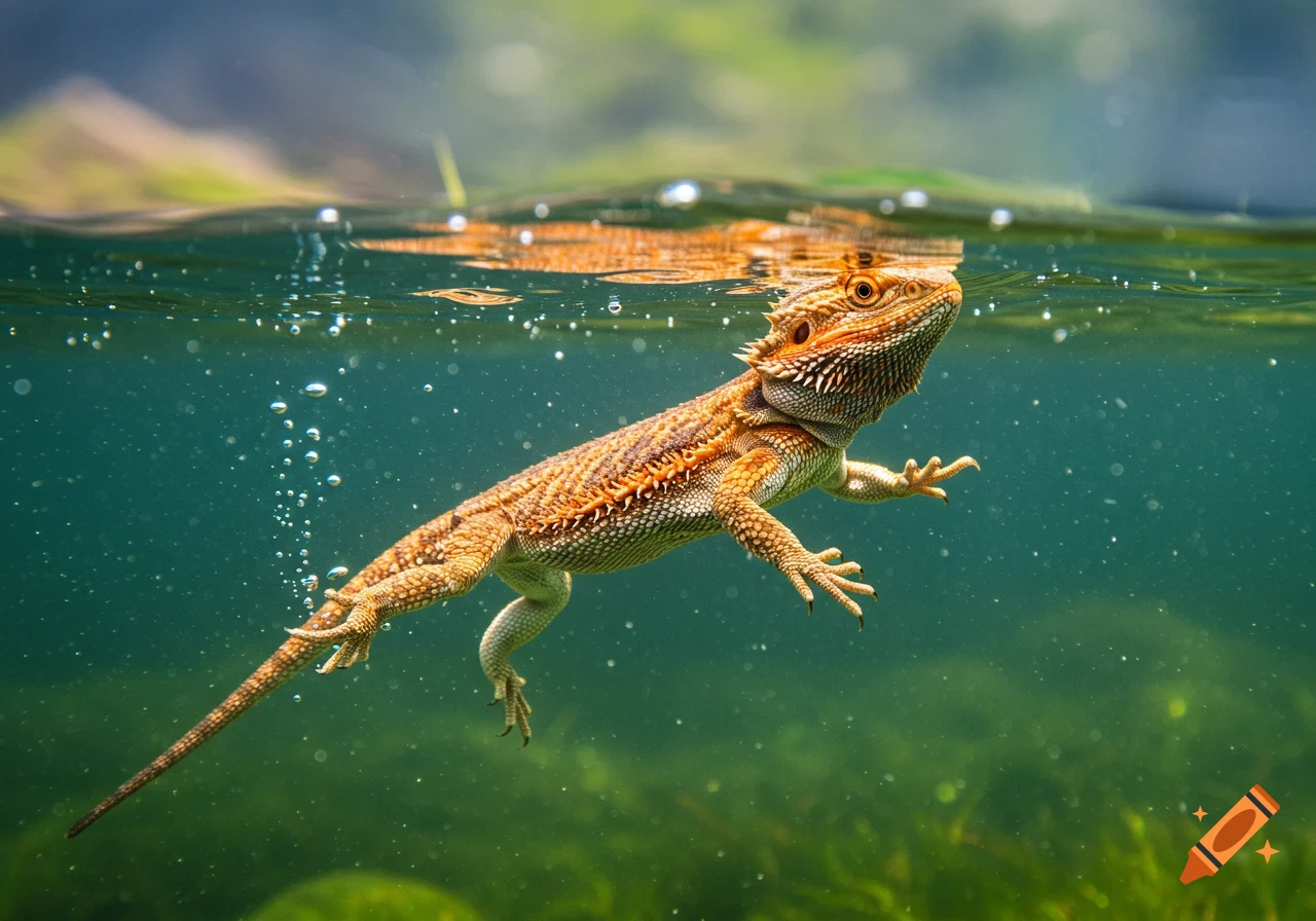Photorealistic bearded dragon swimming underwater near the surface with bubbles.