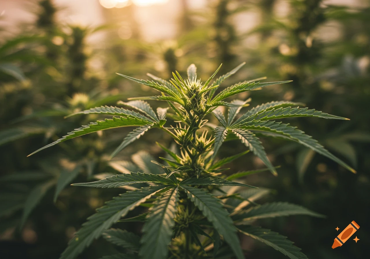 Close up of a green cannabis plant with sunlight in the background
