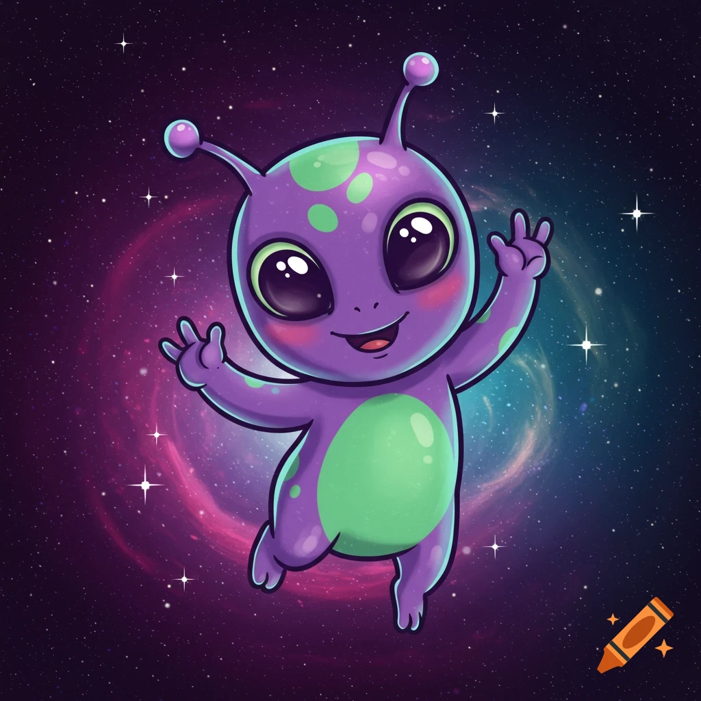 A cute cartoon alien waves in space with stars and a nebula.