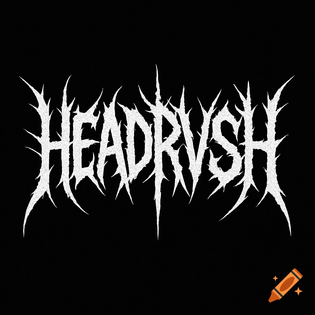 High contrast white logo for HEADRVSH in a spiky, death metal style on a black background.