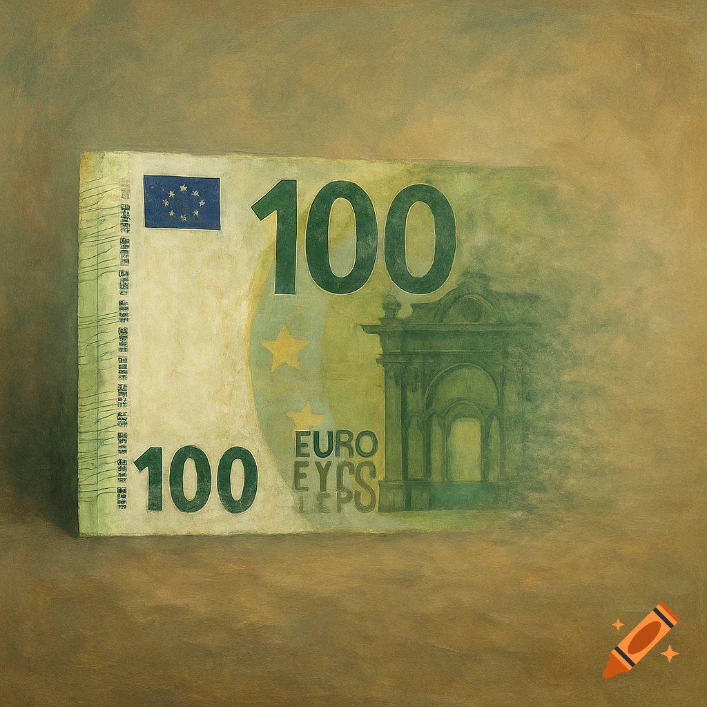 Stylized 100 euro bill fading into a painterly background.