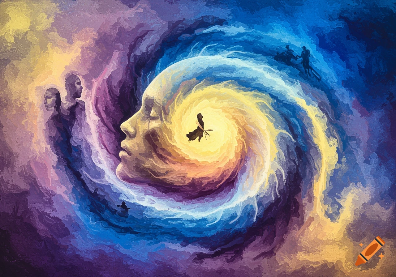Abstract painting of a face merging into a colorful swirling vortex with faint figures.