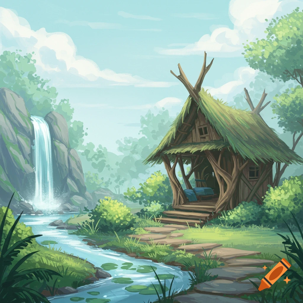 Stylized drawing of a small hut next to a waterfall and stream in a lush green forest.