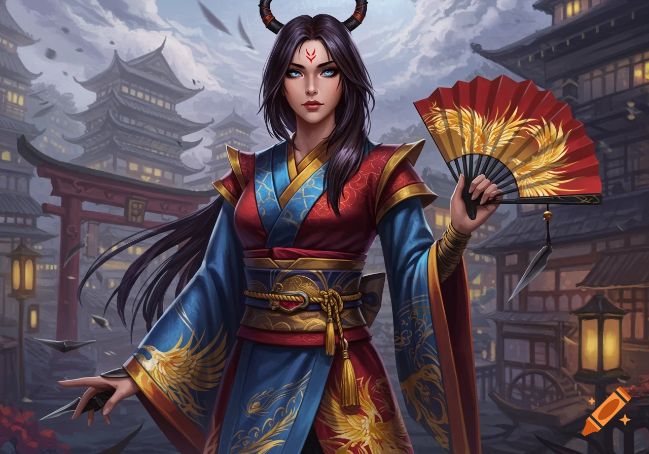 Fantasy art of a Japanese female character with horns, wearing a red and blue robe, holding a fan and daggers in a city.