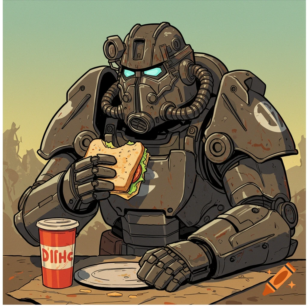Enclave power armor eating a sandwich at a table, stylized illustration.