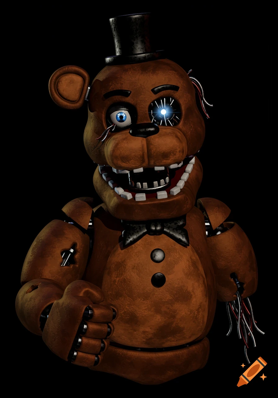 A menacing, damaged brown animatronic bear with a black top hat and bowtie, one glowing eye and one wire eye, against black.