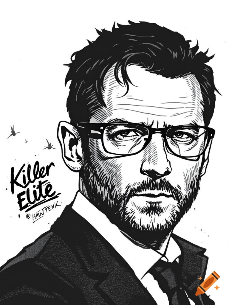 Black and white comic book style portrait of a man in glasses and a suit.