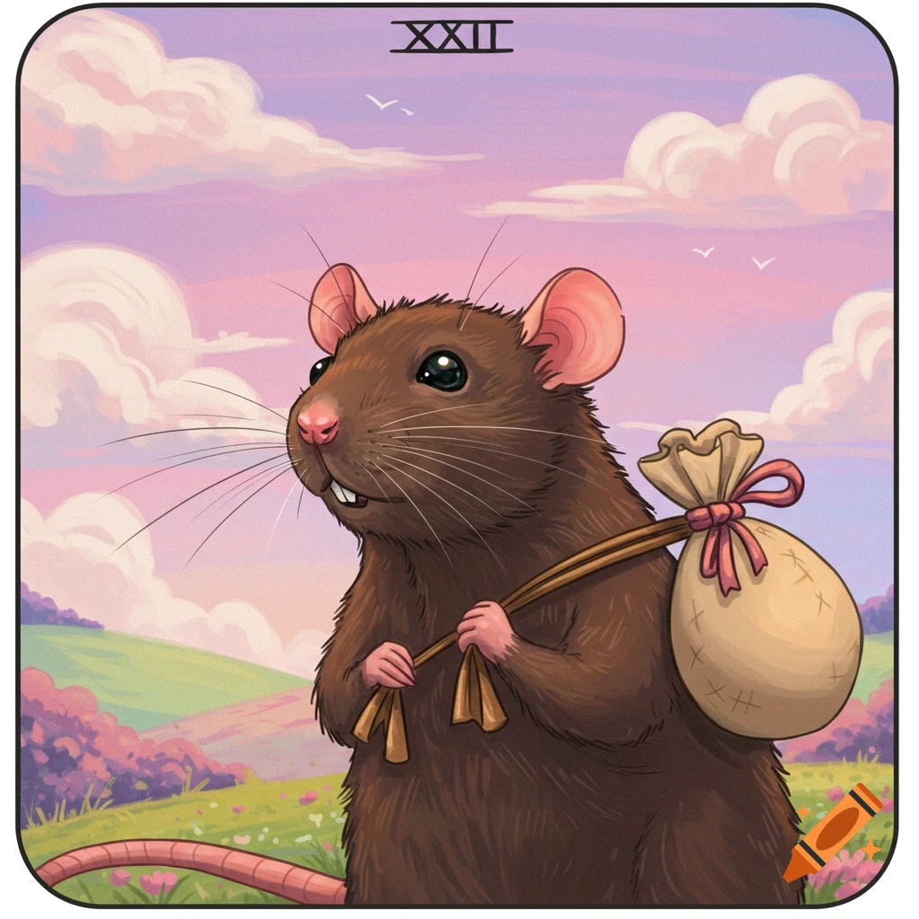 Illustration of a rat carrying a bindle over its shoulder in a field under a pastel sky, styled like a tarot card.
