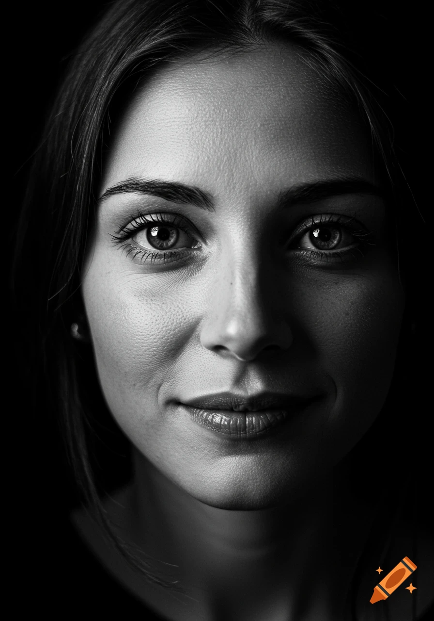 Black and white close-up portrait of a woman with bright eyes and a slight smile.