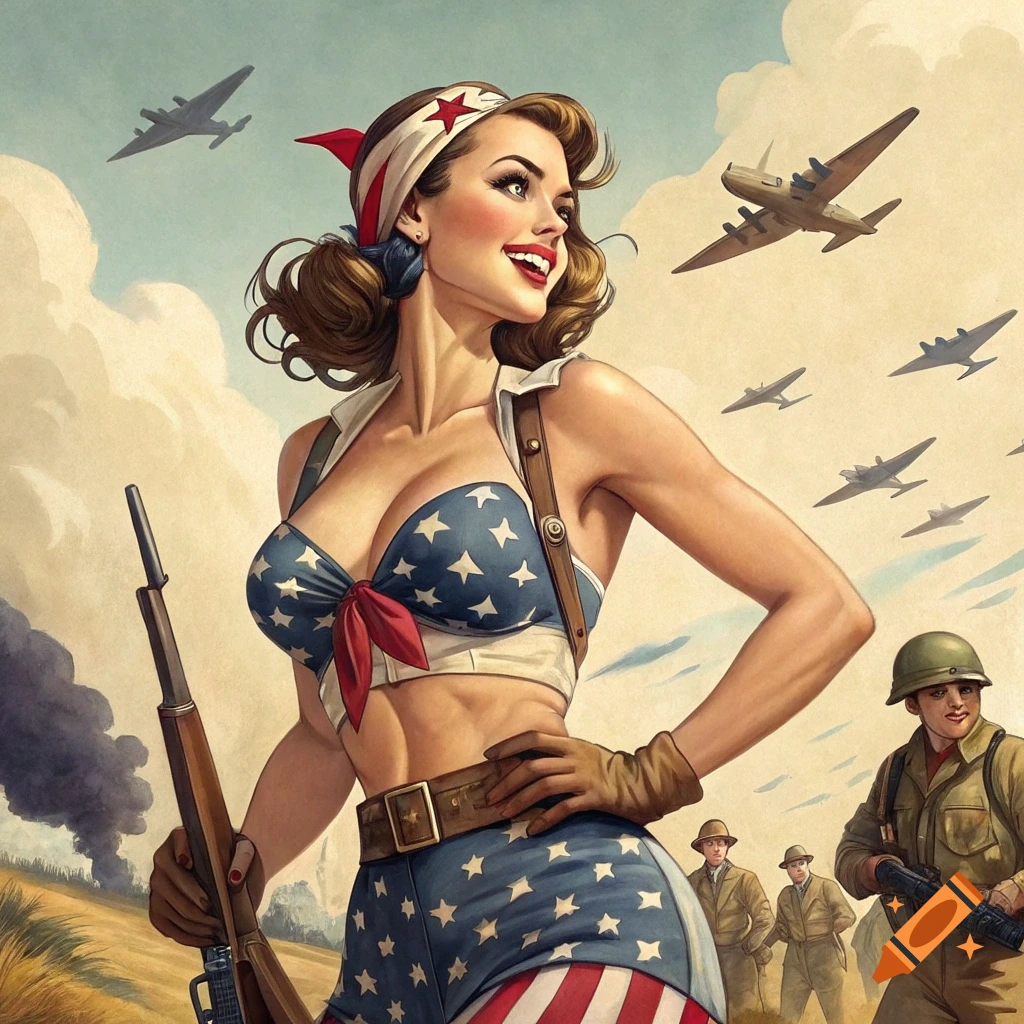 WW2 style pinup girl in American flag outfit with rifle, soldiers and planes in background