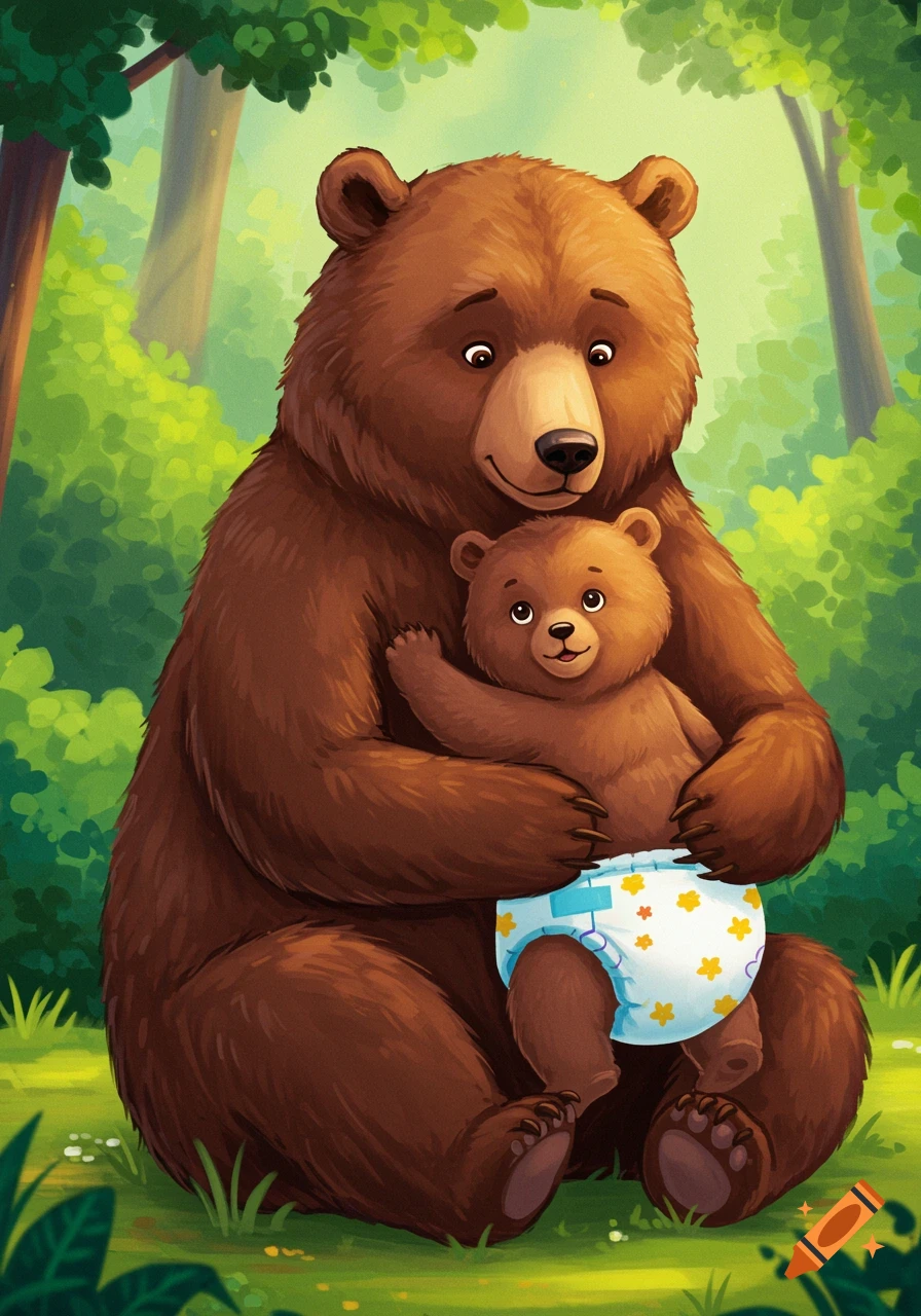Cartoon illustration of a mama bear hugging a baby bear wearing a diaper in a forest.