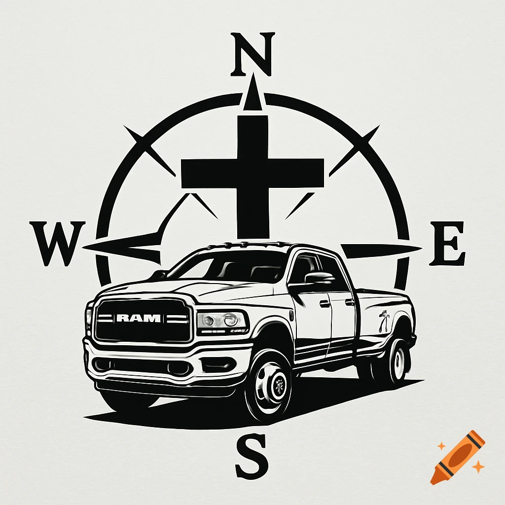 Black and white vector illustration of a pickup truck in front of a cross and compass rose.